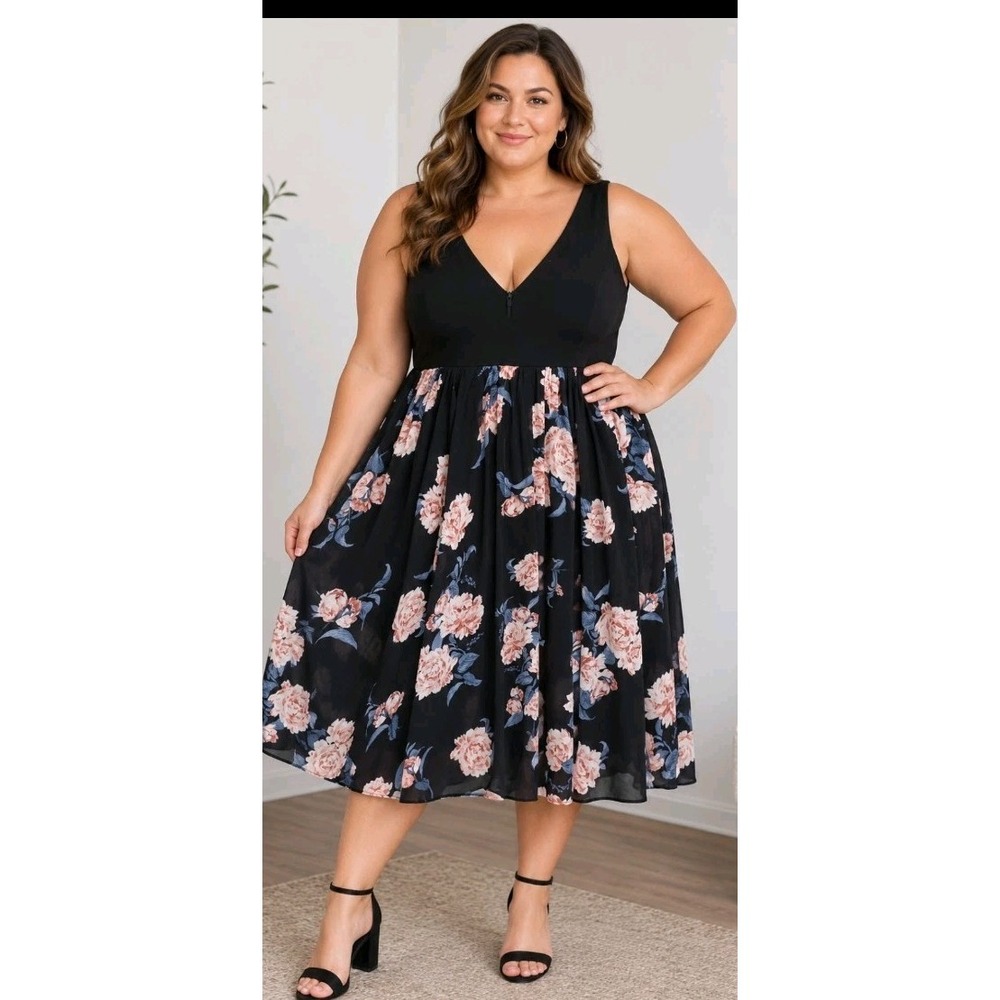 Torrid A-Line Dress Black Floral V-Neck Sleeveless Midi Zip Plus Size 18 party